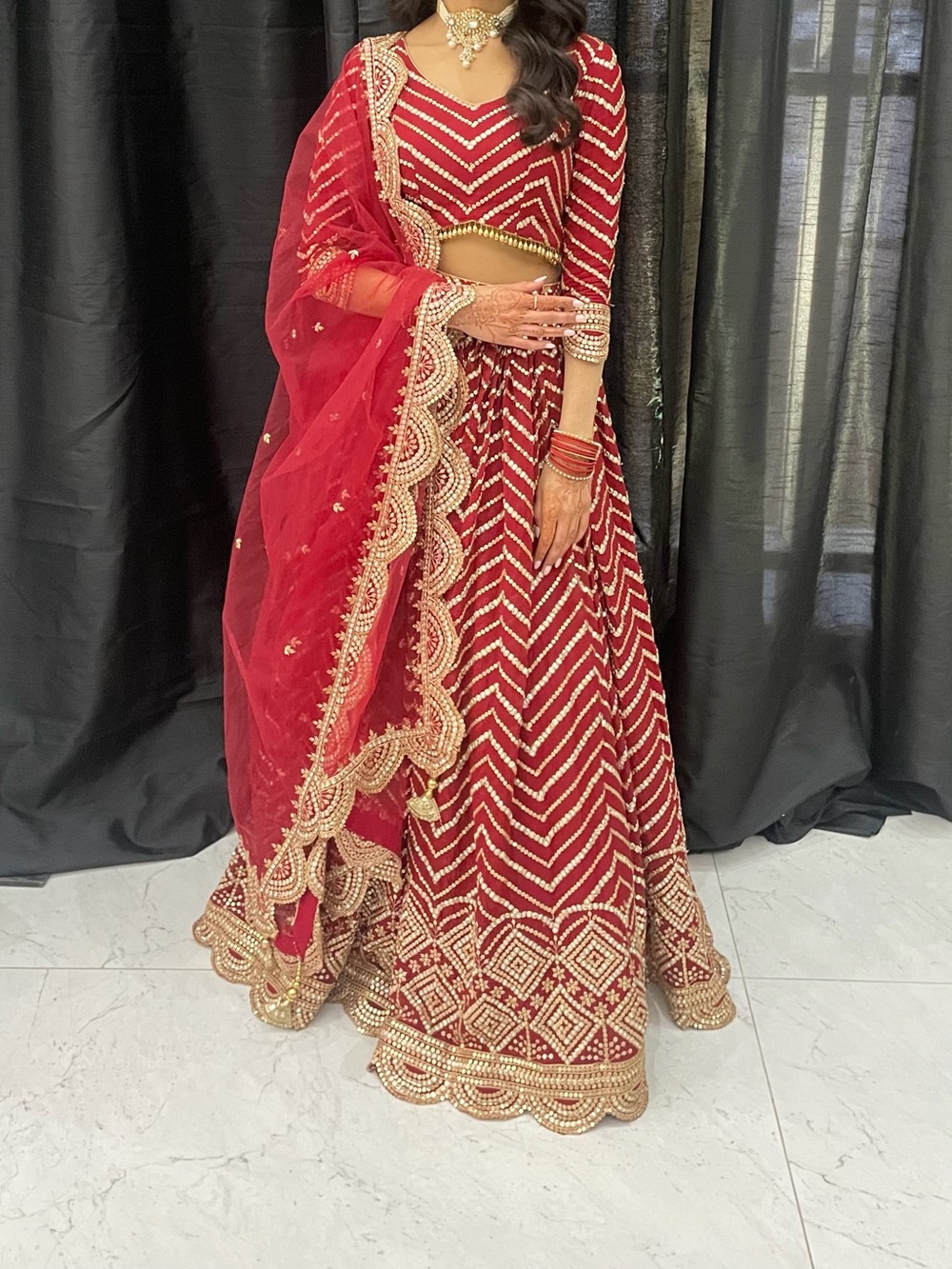 Red Embellished Chevron Lehenga Skirt with Gold Accents